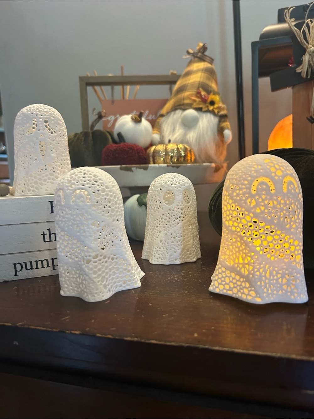 White Lace Ghost Tea Light Holders- Set of 4